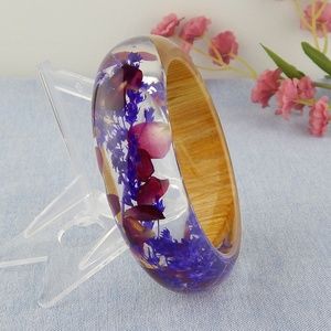 Real Dried Flower Wood Resin Bangle Bracelet